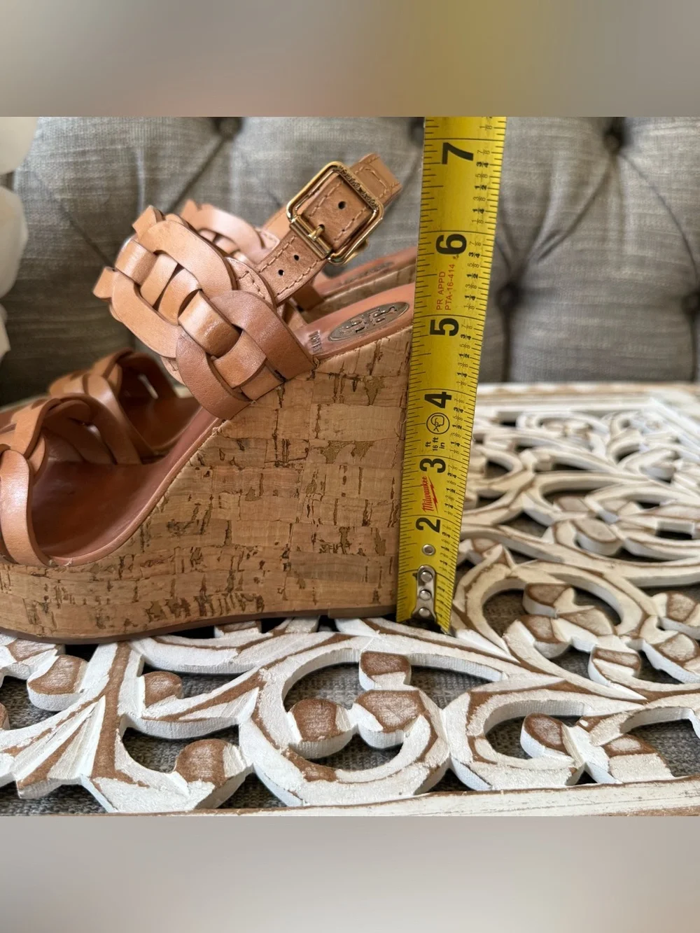 Tory Burch Tan Woven Leather Cork Wedge Sandals Shoes Women’s 8.5